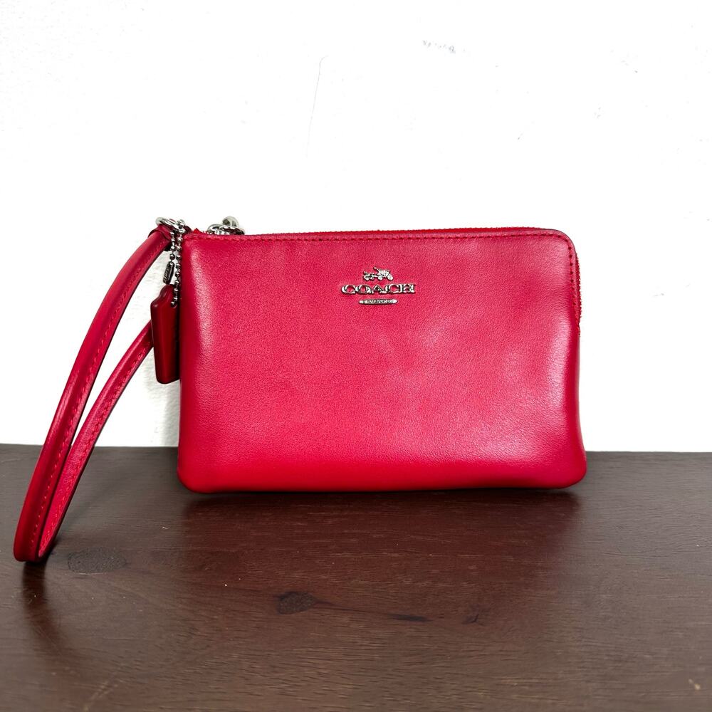 Coach Red Leather Small Wristlet Clutch Zipper Pouch